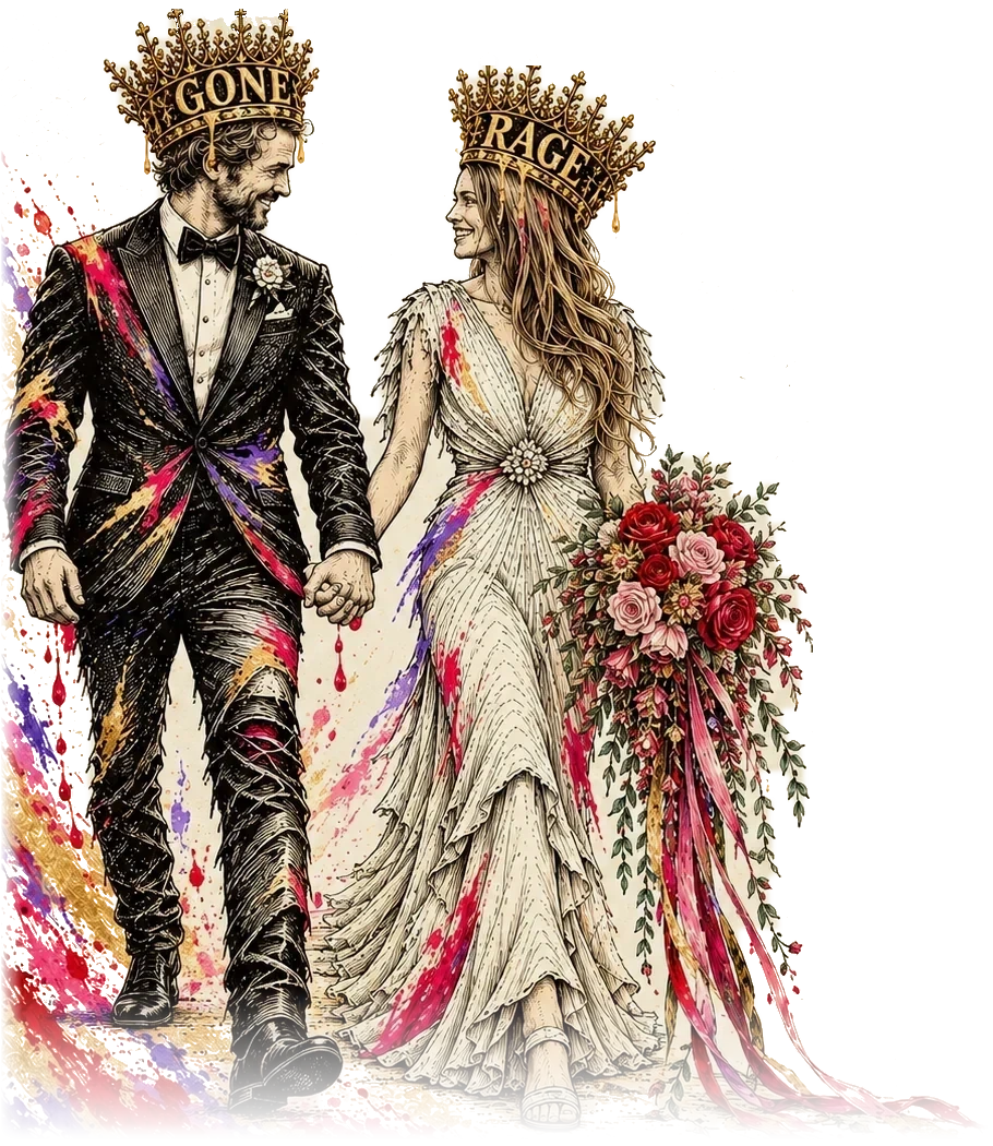 Etched illustration of Matt and Gareth walking hand in hand in wedding clothes, wearing gold crowns that read GONE and RAGE, splashed with red, pink and purple paint. She carries a cascading bouquet of red and pink roses with long ribbons.